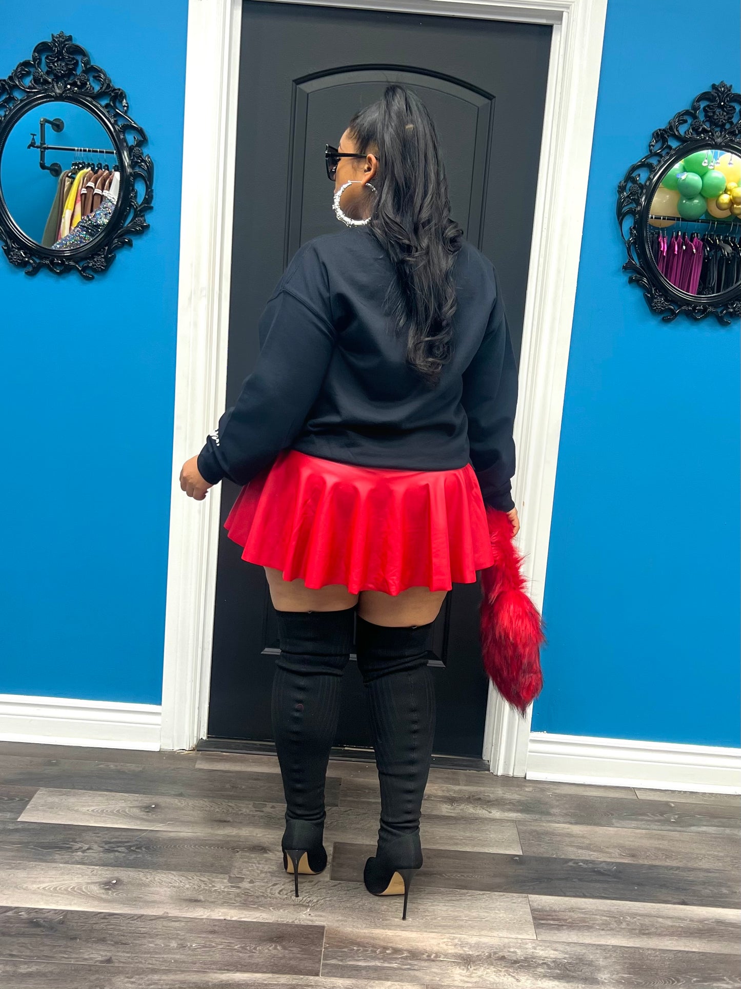Red Faux Leather Mini Skater Skort
