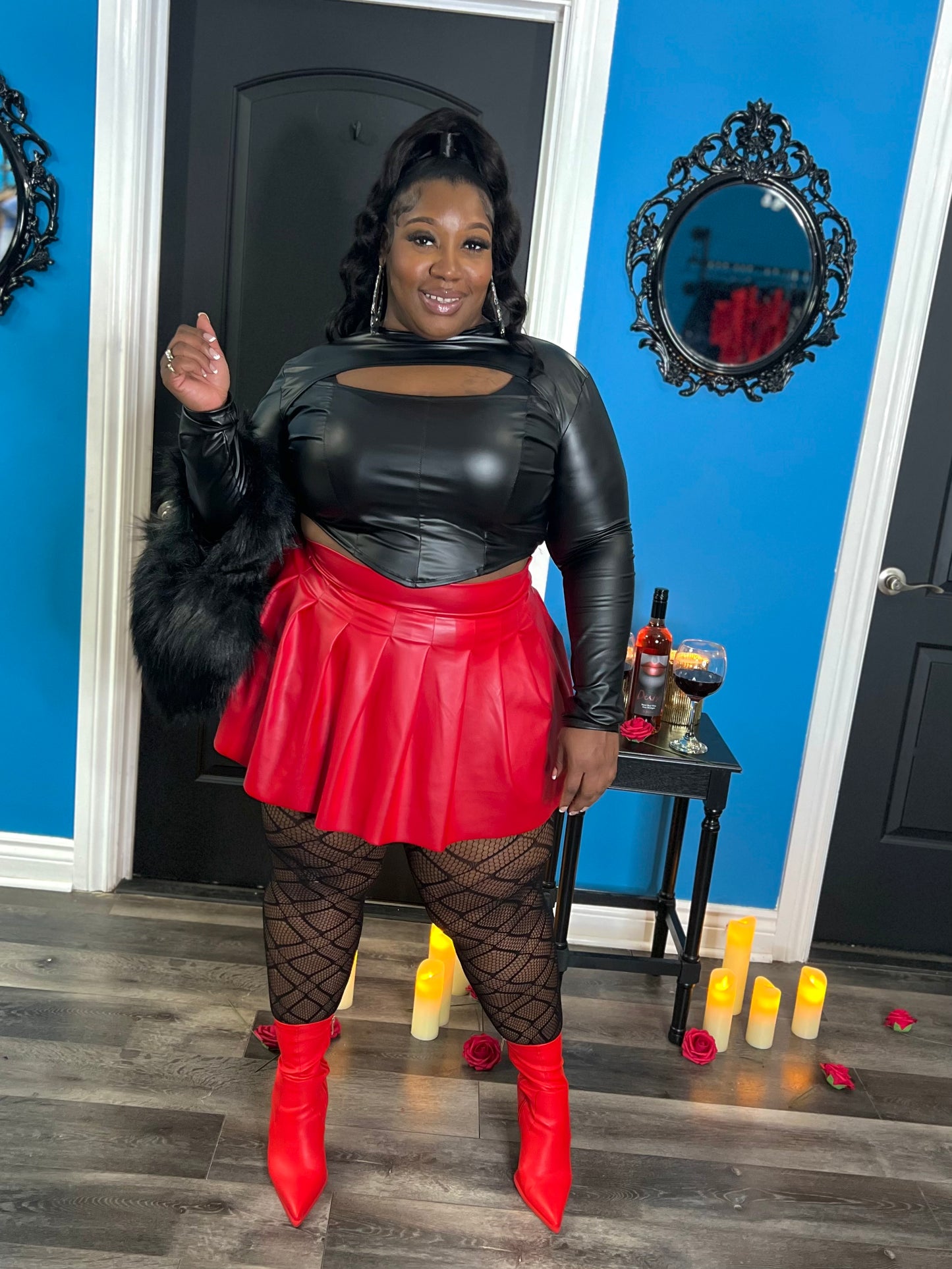 Red Faux Leather Mini Skater Skort
