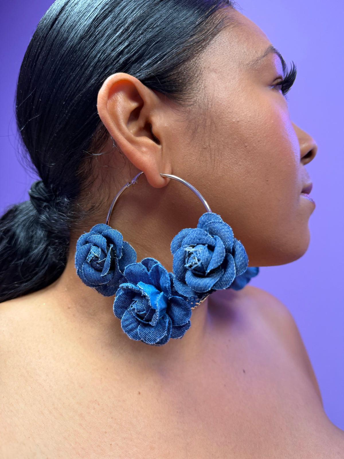 Silver Denim Bouquet Hoops