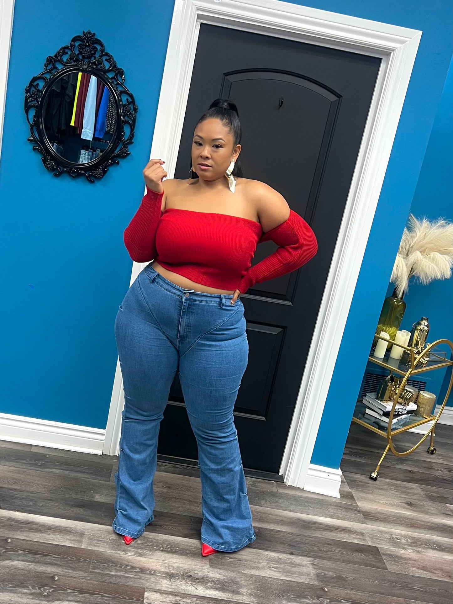 Denim Pinched Bell Bottom Jeans