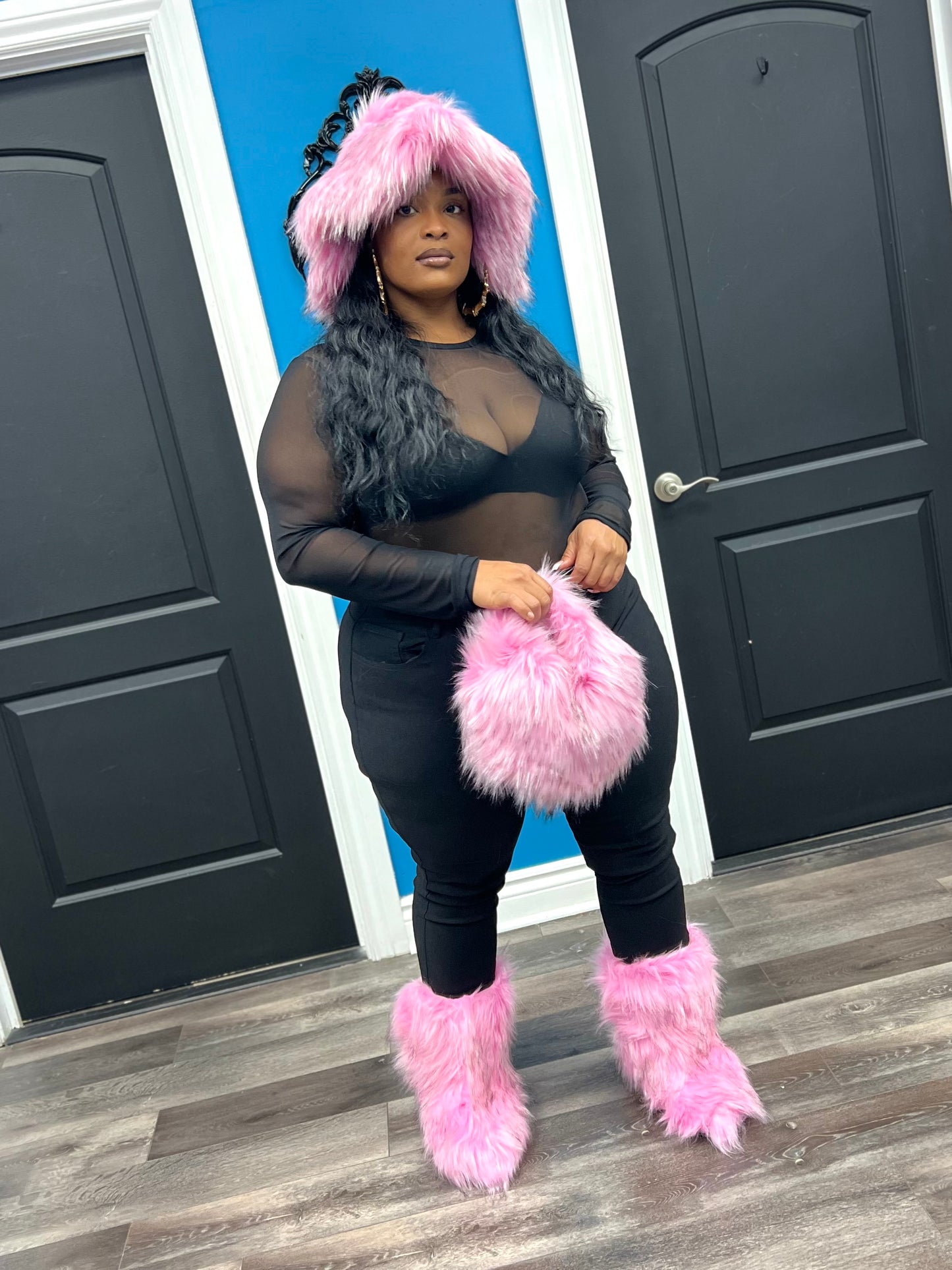 Pink Alpine Fur Hat Set