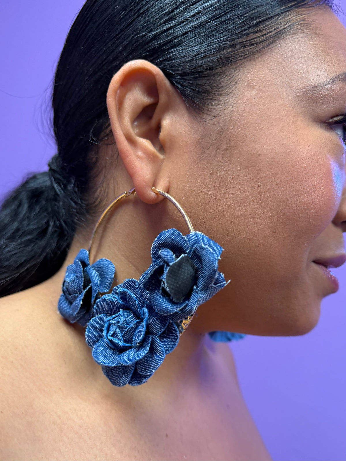 Gold Denim Bouquet Hoops