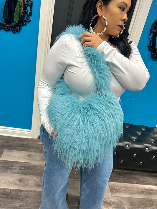 Teal Hearts Fur Crossbody Bag