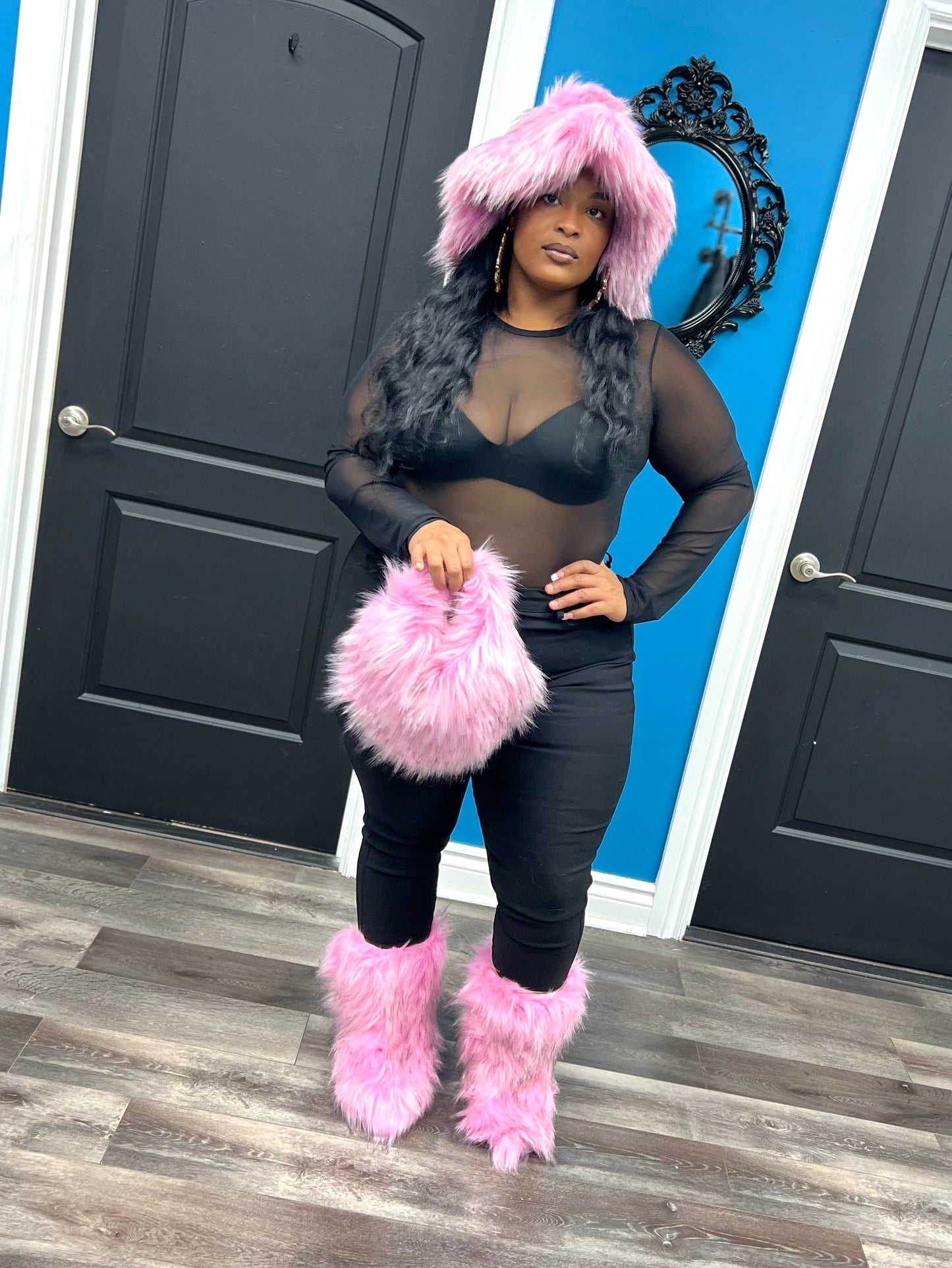 Pink Alpine Fur Hat Set