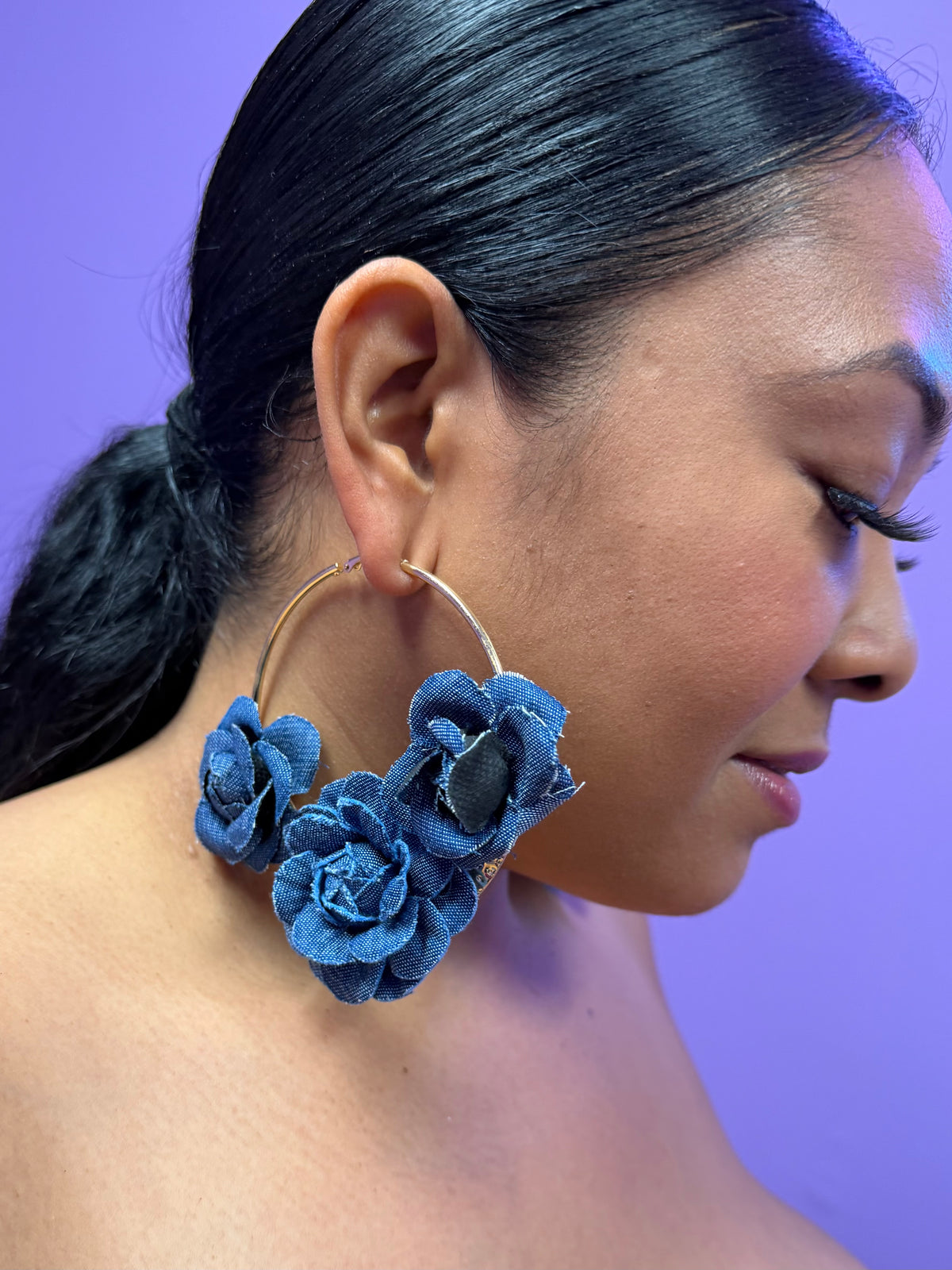 Gold Denim Bouquet Hoops