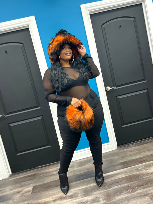 Orange Alpine Fur Hat Set