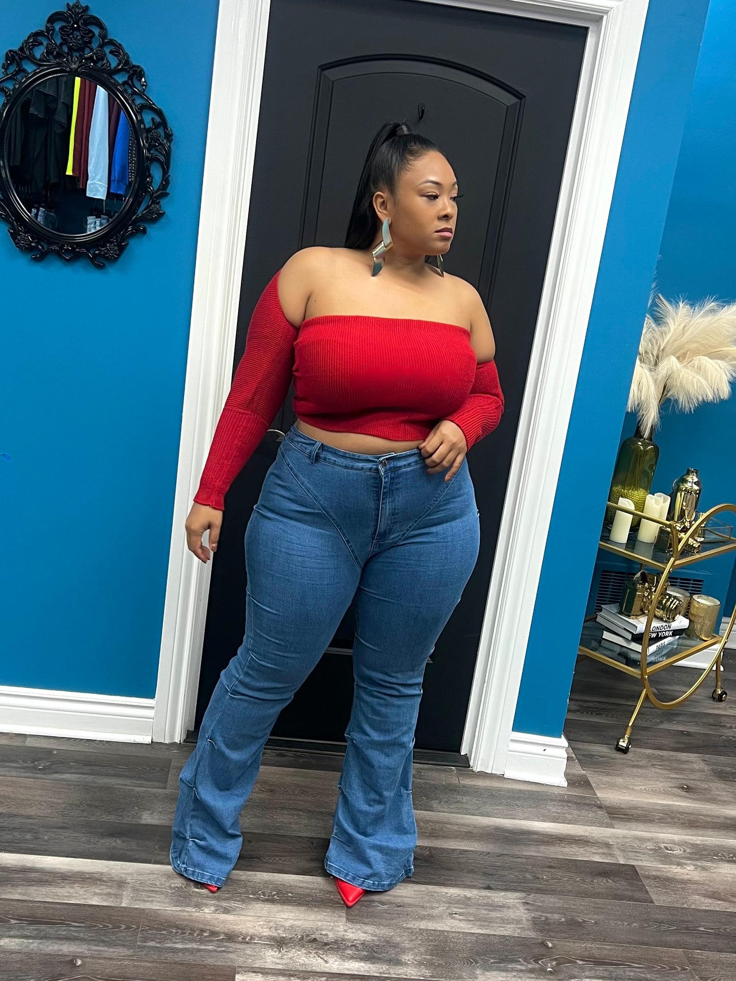 Denim Pinched Bell Bottom Jeans