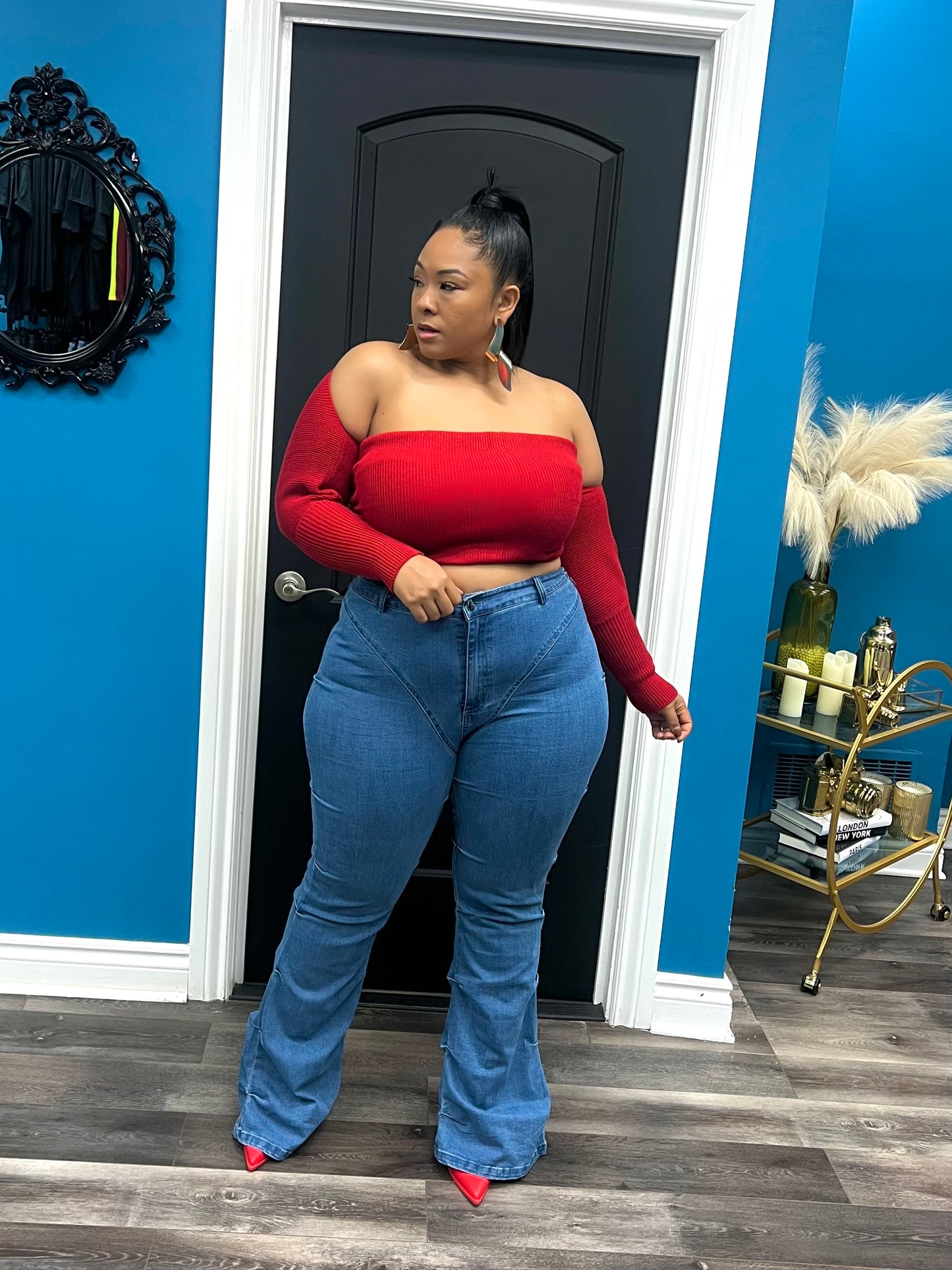 Denim Pinched Bell Bottom Jeans