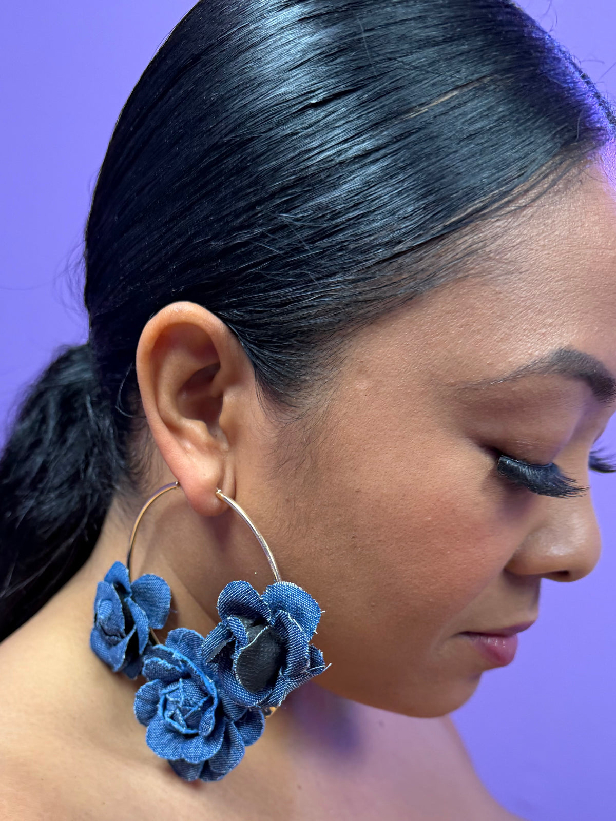 Gold Denim Bouquet Hoops